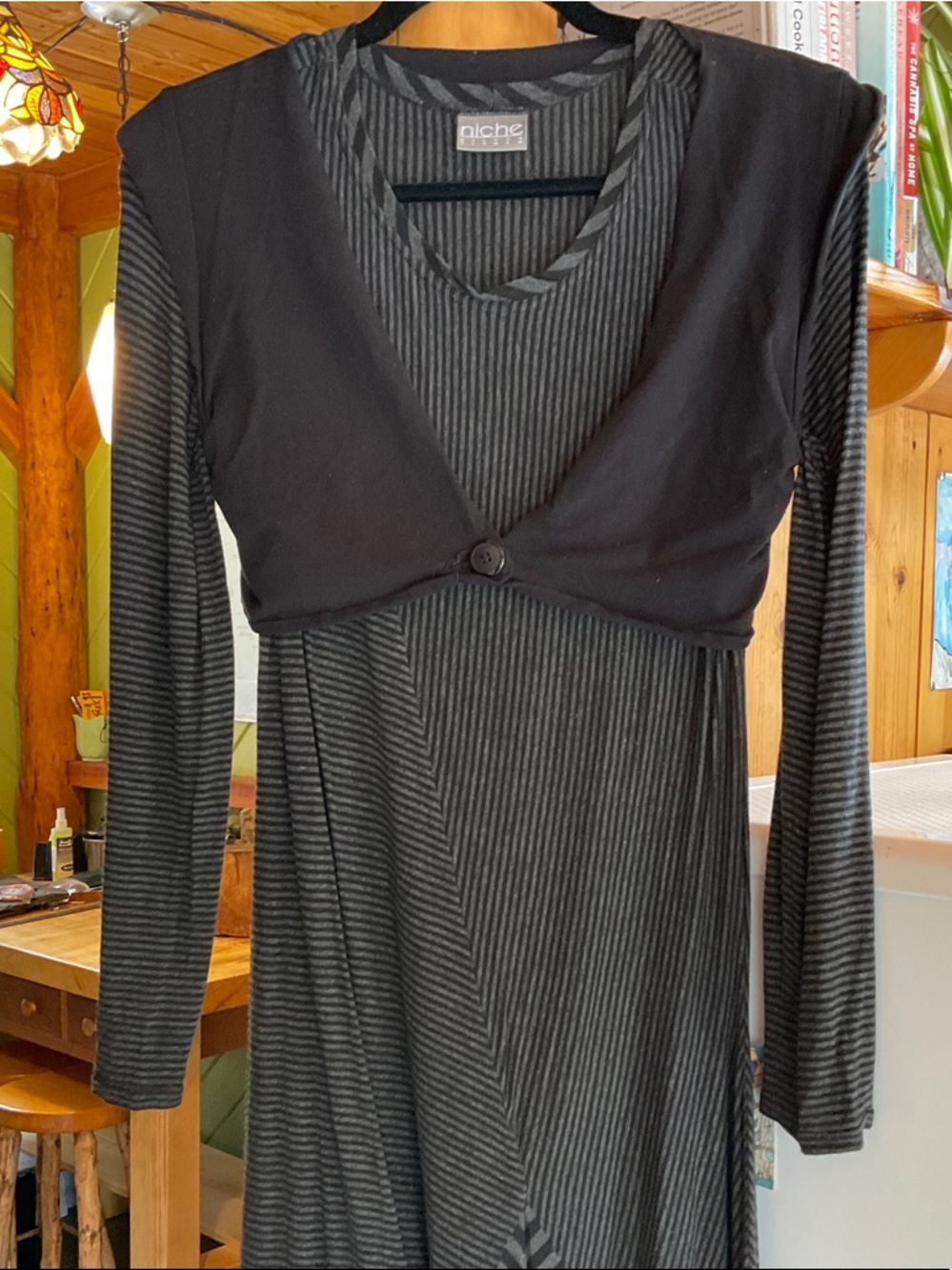 Niche Black and Gray Striped Long-Sleeve Dress with  Bolero